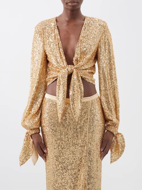 Knot-front Sequinned-mesh Cropped Top - Womens - Gold