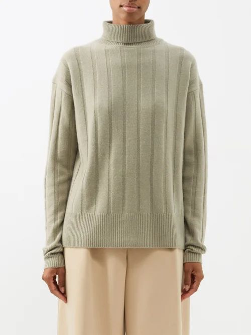 Ribbed-knit Cashmere Roll-neck Sweater - Womens - Dark Beige