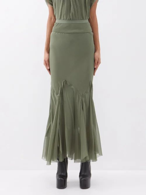 Godet-pleated Silk-chiffon Maxi Skirt - Womens - Military Green
