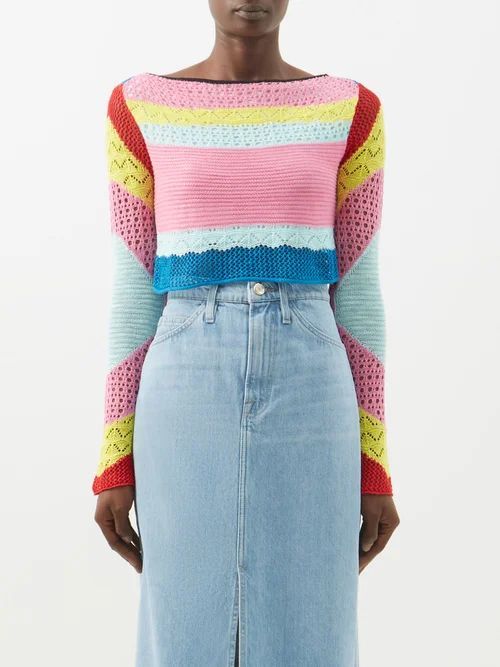 Keyhole-back Cropped Lace-stitched Sweater - Womens - Multi