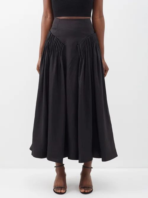 Yves Pleated Linen-blend Skirt - Womens - Black