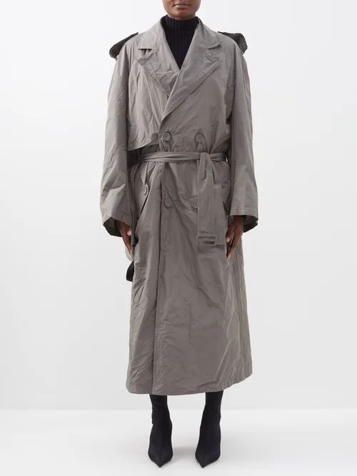 Belted Crinkled-taffeta Trench Coat - Womens - Grey