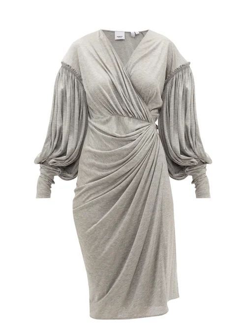 Draped-front Balloon-sleeve Jersey Dress - Womens - Grey