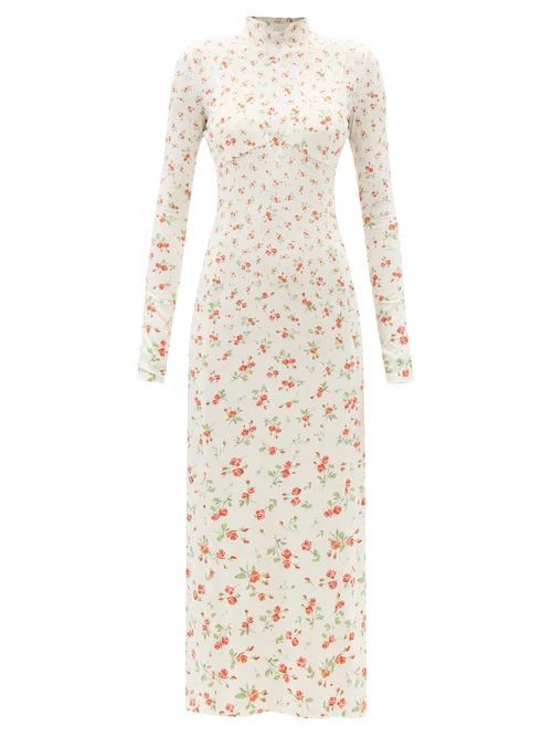High-neck Floral-print Jersey Midi Dress - Womens - Cream Multi