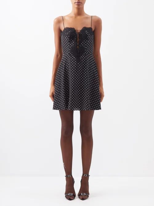 Lace-trimmed Polka-dot Silk Mini Dress - Womens - Black White