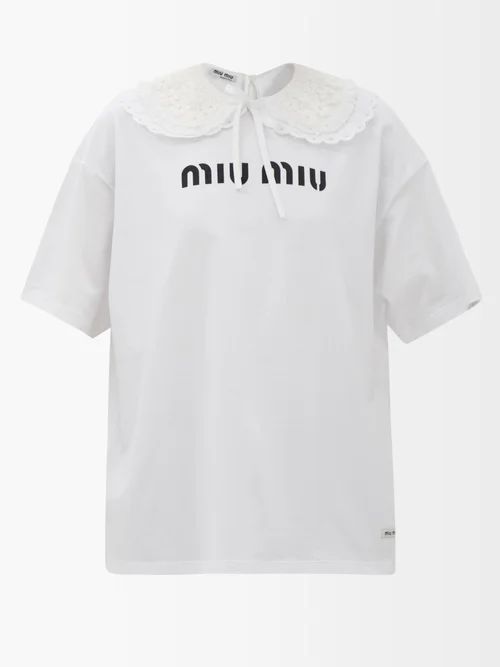 Lace-collar Logo-print Cotton-jersey T-shirt - Womens - White