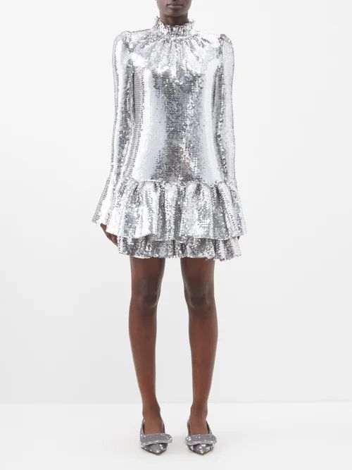 Ruffled-hem Sequinned Mini Dress - Womens - Silver