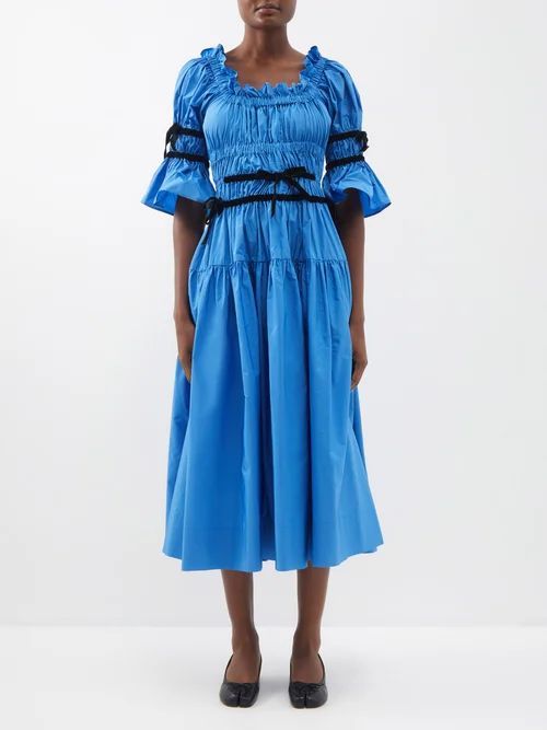 Mikha Velvet-trim Shirred Taffeta Midi Dress - Womens - Electric Blue
