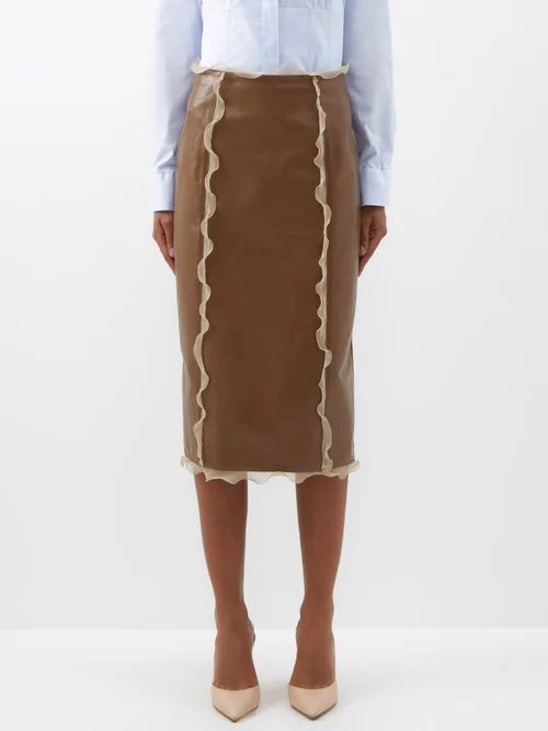 Silk-ruffled Crackled-leather Pencil Skirt - Womens - Light Brown