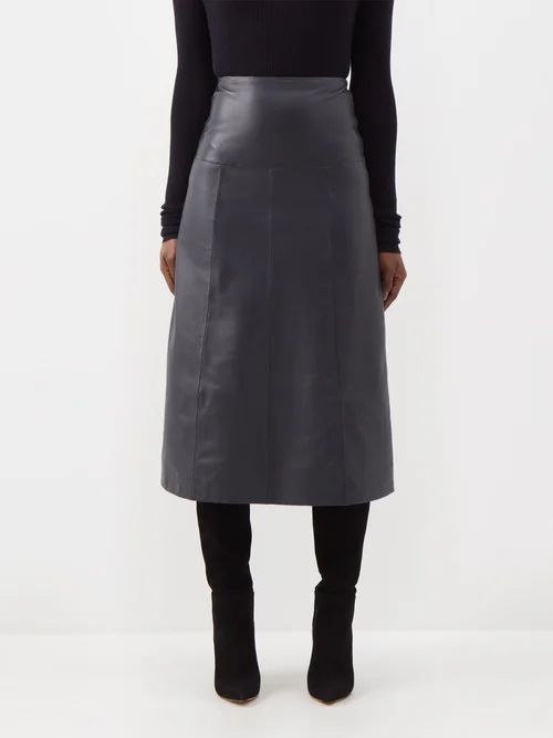 Tiana Panelled Leather Midi Skirt - Womens - Navy