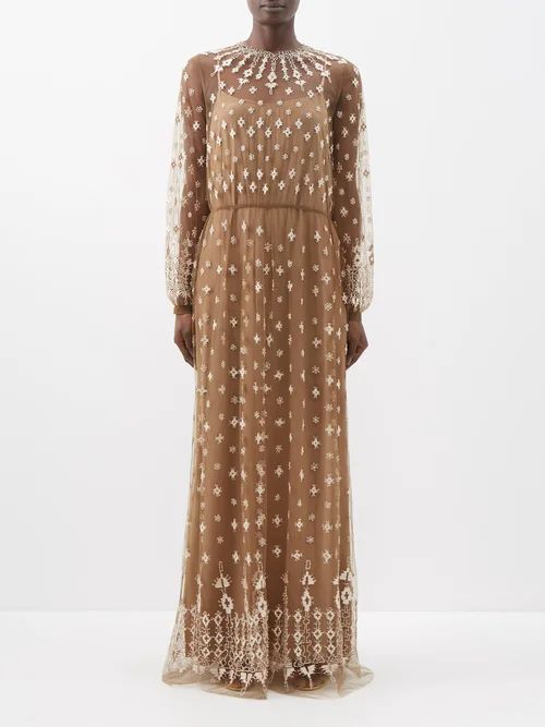 Ittena Beaded And Embroidered Tulle Gown - Womens - Bronze