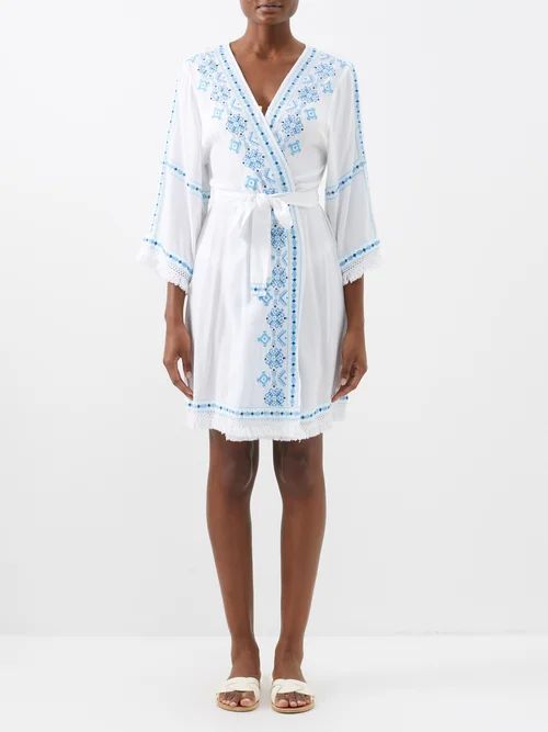 Kara Floral Cross-stitched Jersey Dress - Womens - White Blue