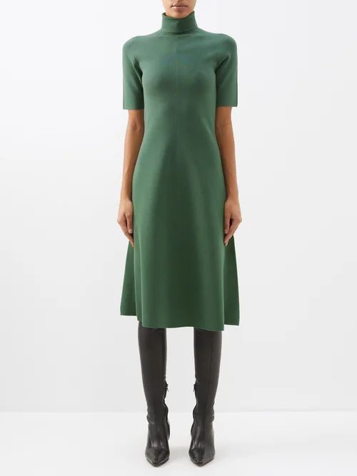 High-neck Silk-blend Midi Dress - Womens - Dark Green