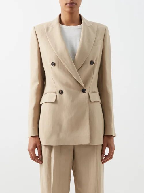Double-breasted Twill Suit Jacket - Womens - Beige