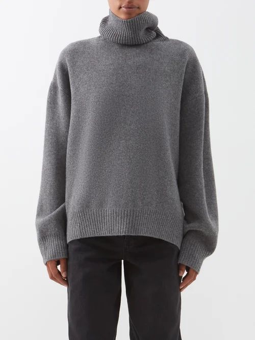 Cropped Displaced-sleeve Roll-neck Wool Sweater - Womens - Grey Marl