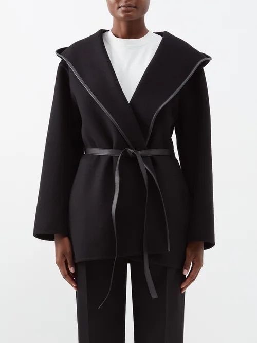 Leather-trim Hooded Wool-blend Wrap Coat - Womens - Black