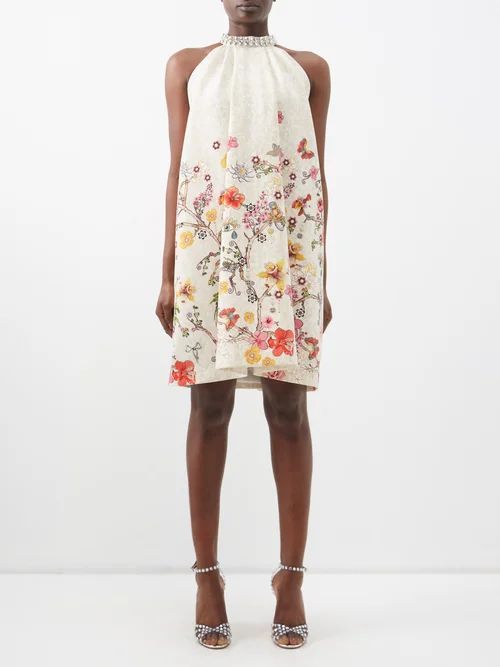 Crystal-trim Floral-print Silk-georgette Dress - Womens - Multi
