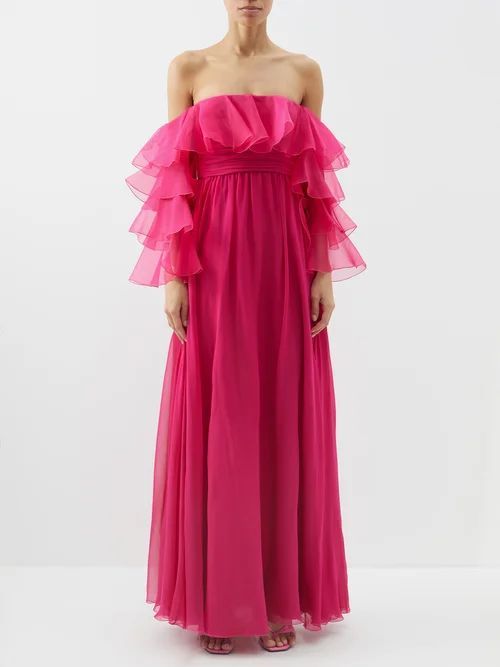 Off-the-shoulder Silk-georgette Gown - Womens - Fuchsia