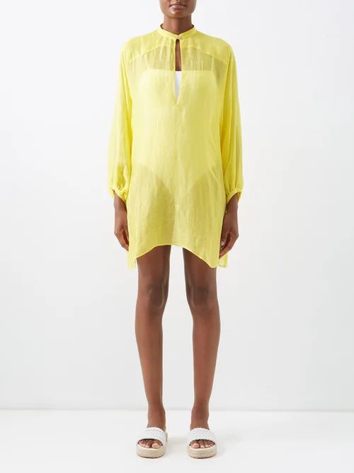 The Invisible Stand-collar Linen-silk Dress - Womens - Yellow