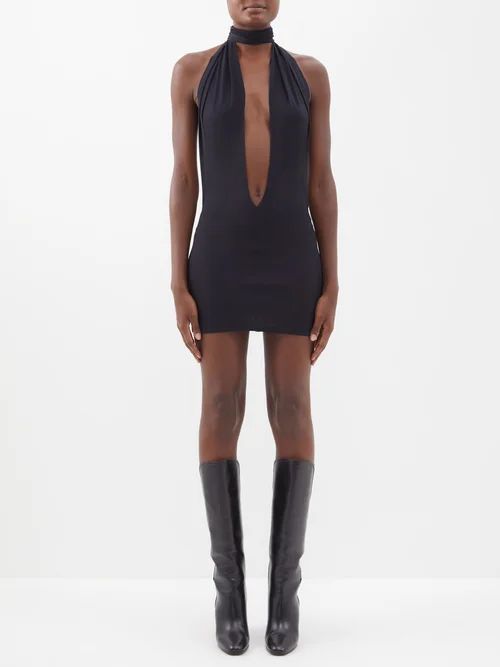 Plunge-neck Halterneck Mini Dress - Womens - Black