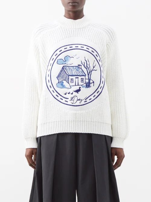 Wedgwood-embroidered Merino Sweater - Womens - White Multi