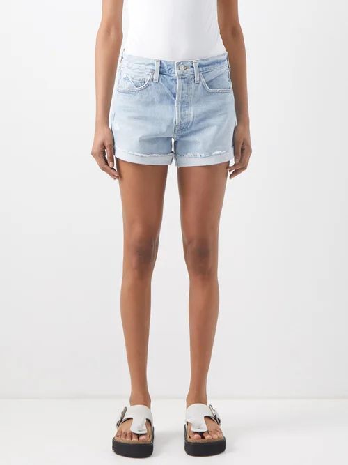 Frieda Frayed-cuff Organic-denim Shorts - Womens - Light Blue