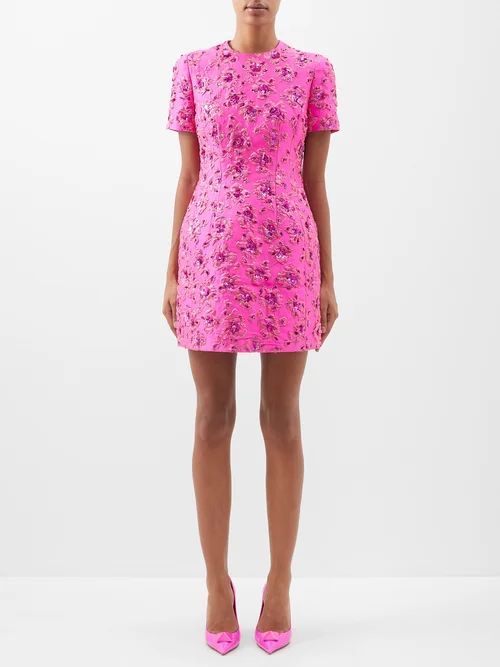 Floral-jacquard Lurex Mini Dress - Womens - Pink