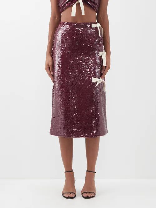 Bow-embellished Sequinned Midi Skirt - Womens - Burgundy