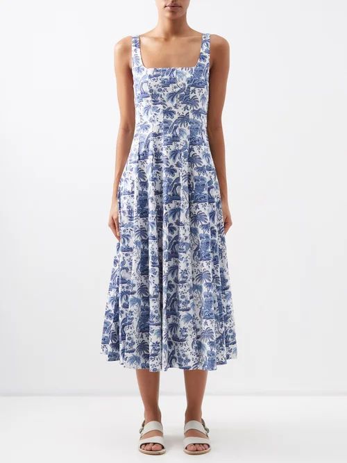 Wells Palm-print Cotton-blend Poplin Midi Dress - Womens - Blue Multi