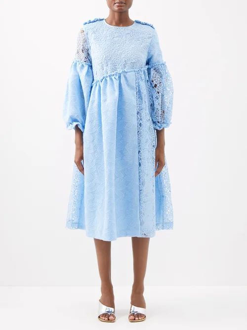 Fenella Embroidered Panelled Crepe Midi Dress - Womens - Blue