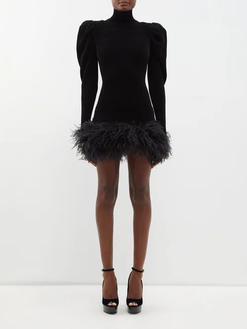 Feather-trim Velvet Mini Dress - Womens - Black