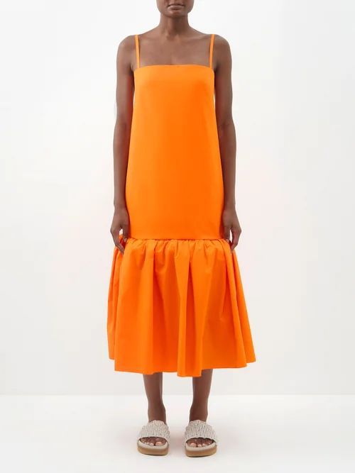 Gathered Flounce-hem Organic-cotton Dress - Womens - Orange