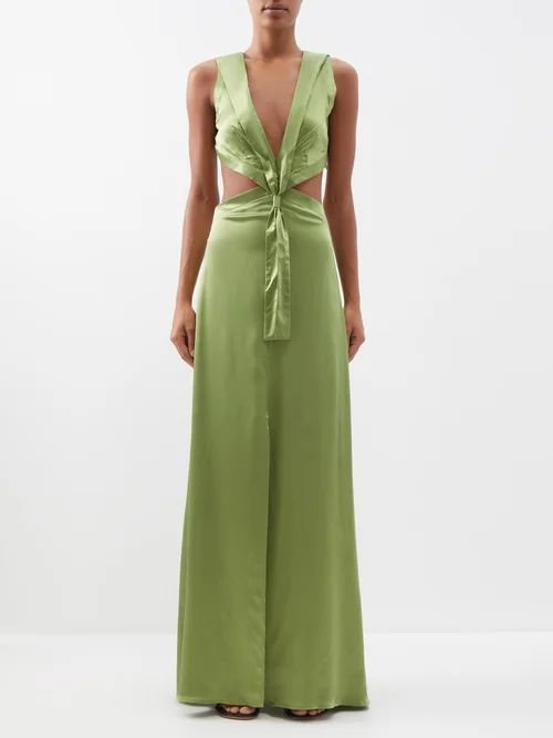V-neck Cut-out Silk-charmeuse Dress - Womens - Green