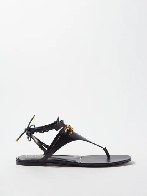 V-logo Leather Flat Sandals - Womens - Black
