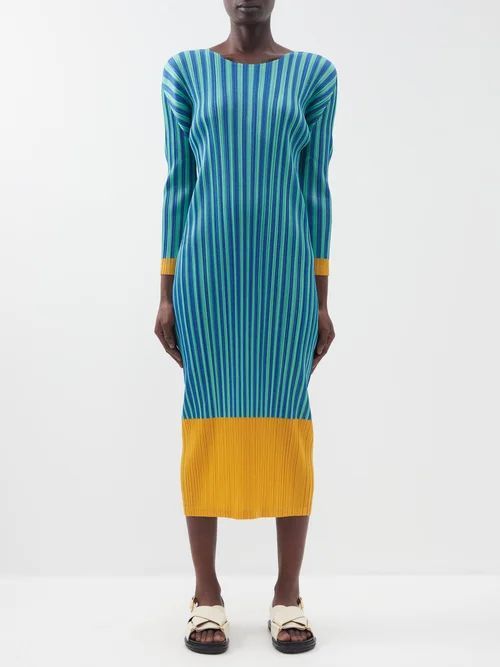 Striped Technical-pleated Midi Dress - Womens - Green