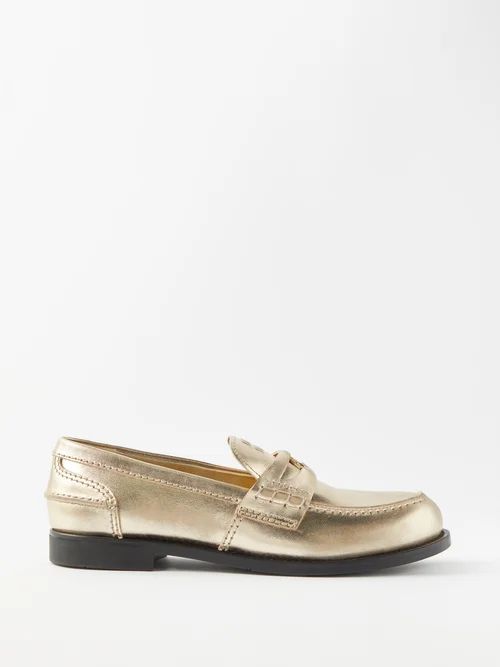Logo-coin Metallic-leather Penny Loafers - Womens - Gold