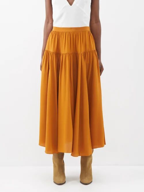 Meja Pleated Panelled Silk Midi Skirt - Womens - Mustard
