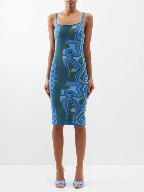 Rumbidzai Abstract-print Cotton Midi Dress - Womens - Blue Multi
