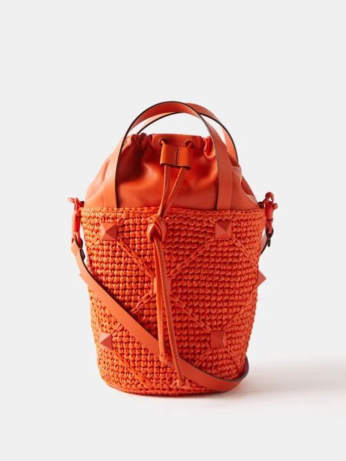 Roman Stud Leather And Faux-raffia Bucket Bag - Womens - Orange