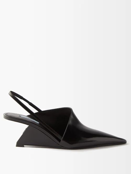 Angular-heel Slingback Leather Wedge Pumps - Womens - Black