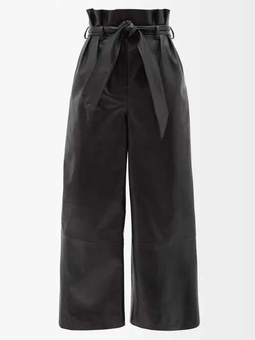 Paperbag-waist Leather Trousers - Womens - Black