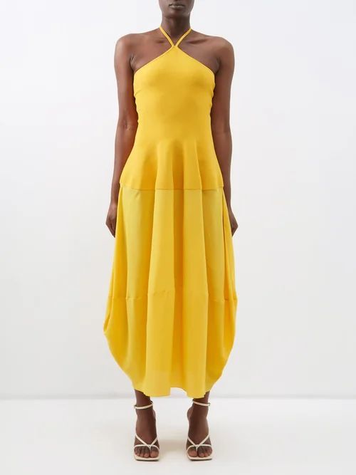 Halterneck Compact-knit Jersey And Silk Midi Dress - Womens - Yellow