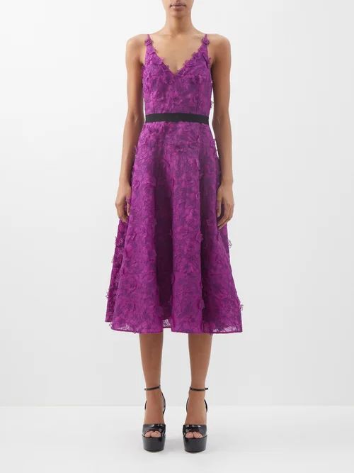 Donna Floral-embroidered Silk Midi Dress - Womens - Purple