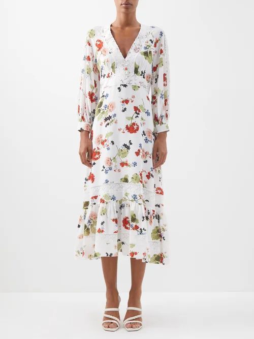 Magdalene Lace-trim Floral-print Silk Dress - Womens - White Print