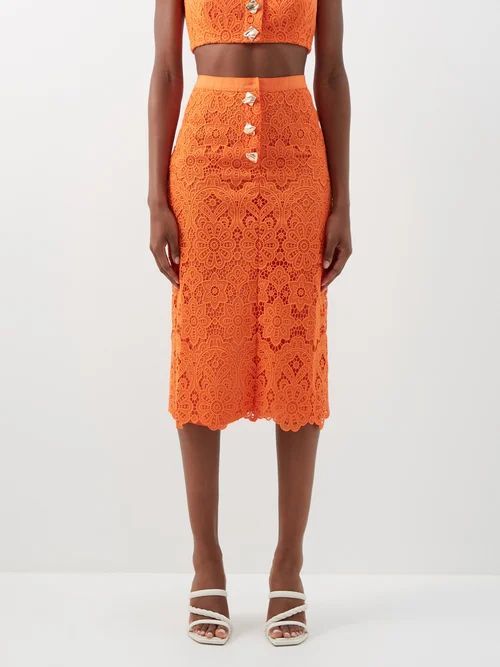 Guipure-lace Midi Skirt - Womens - Orange