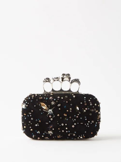 Skull Four-ring Crystal-embellished Clutch Bag - Womens - Black Silver