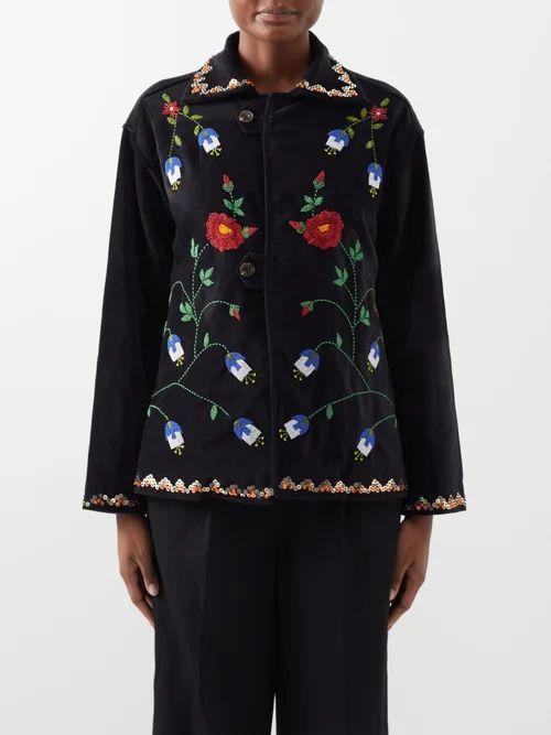 Beaded Garden Vine Cotton Jacket - Womens - Black Multi
