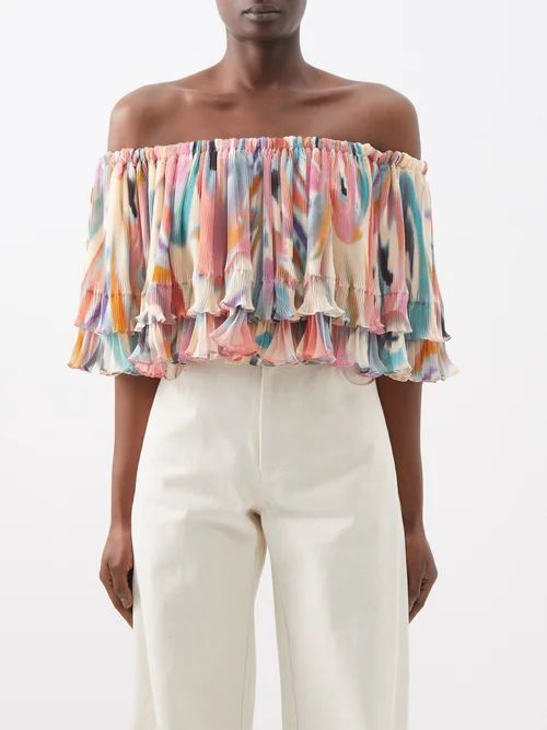 Off-the-shoulder Printed-chiffon Blouse - Womens - Beige