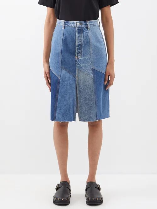 Patchwork Denim Midi Skirt - Womens - Blue Multi