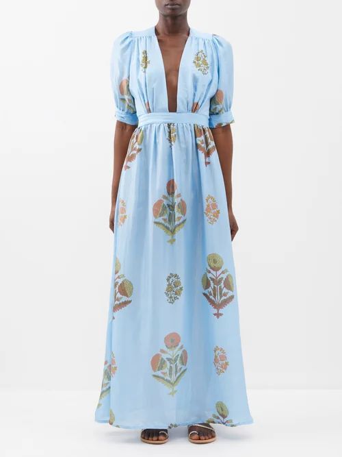 Surya Floral-print Plunge-neck Silk Maxi Dress - Womens - Blue Multi
